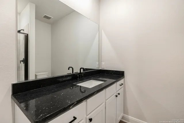 a bathroom with a granite countertop sink and a granite counter tops
