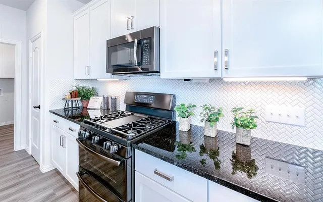 a kitchen with stainless steel appliances granite countertop a stove a sink and a microwave