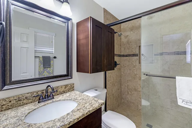 a bathroom with a granite countertop sink toilet and shower
