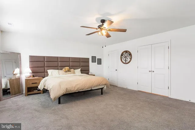 a bed room with a bed and a ceiling fan