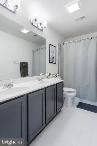 a bathroom with a double vanity sink toilet and a mirror