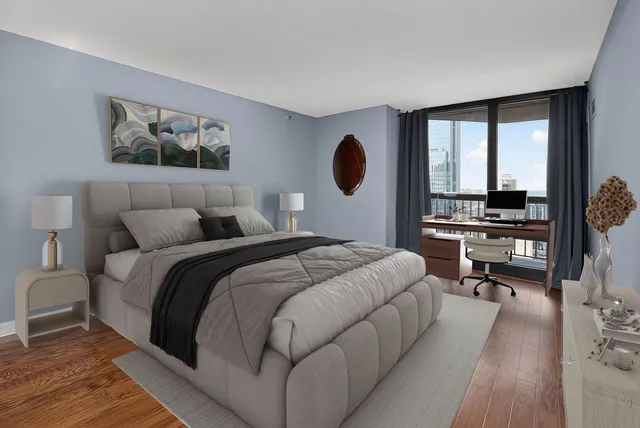 a hallway with wooden floor cabinets and a bathroom