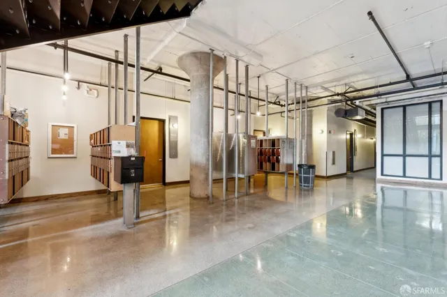 a view of a building with a glass door