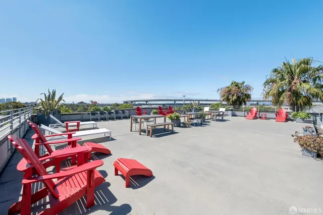 an outdoor space with furniture