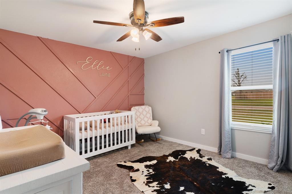 21 Private Road Paris, TX 75462 - Photo 10 of 15 Bedroom featuring a crib, light carpet, an accent wall, and a ceiling fan