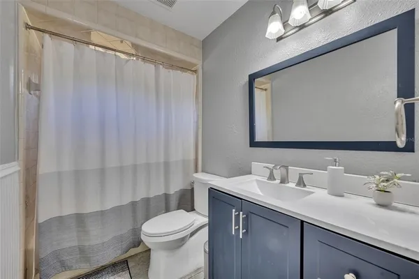 a bathroom with a sink a toilet a mirror and shower curtain