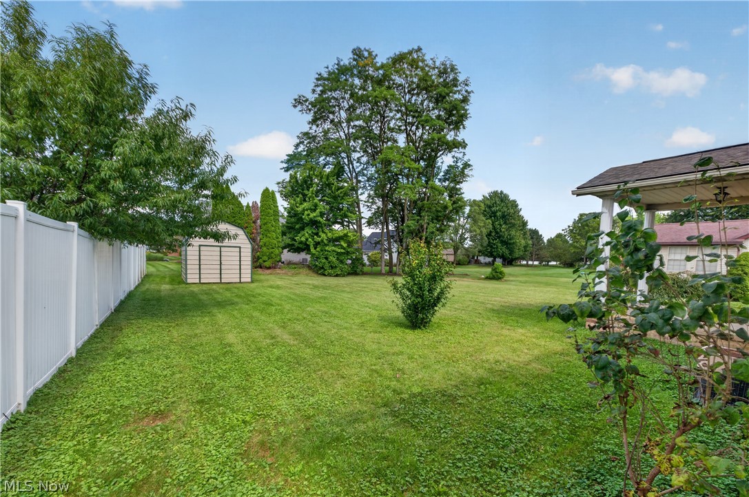 763 Lockwood Road Barberton, OH 44203 - Photo 4 of 24 Expansive yard featuring a white privacy fence, mature trees, a storage shed, and a covered porch area