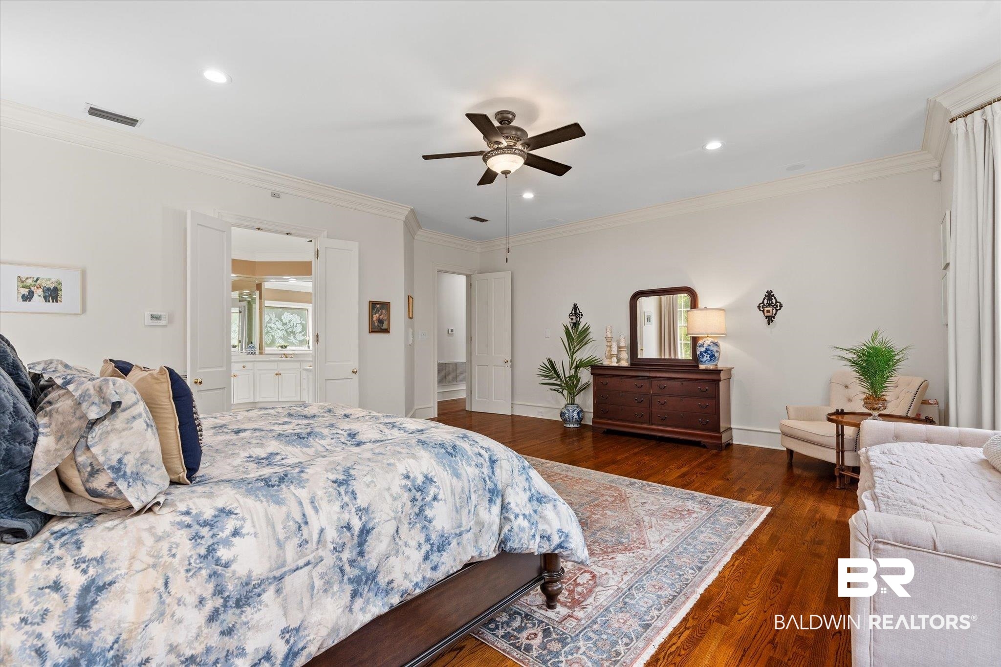 8561 Dawes Lake Road Mobile, AL 36619 - Photo 16 of 63 Bedroom featuring wood finished floors, recessed lighting, crown molding, and a ceiling fan