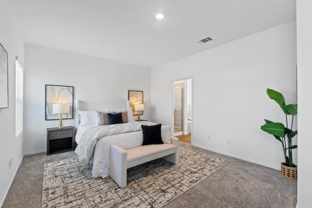 a bedroom with a bed a couch and potted plant