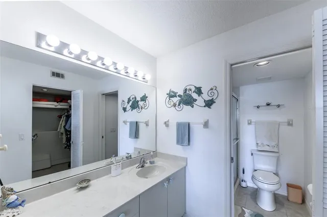 a bathroom with a sink vanity granite toilet and a mirror