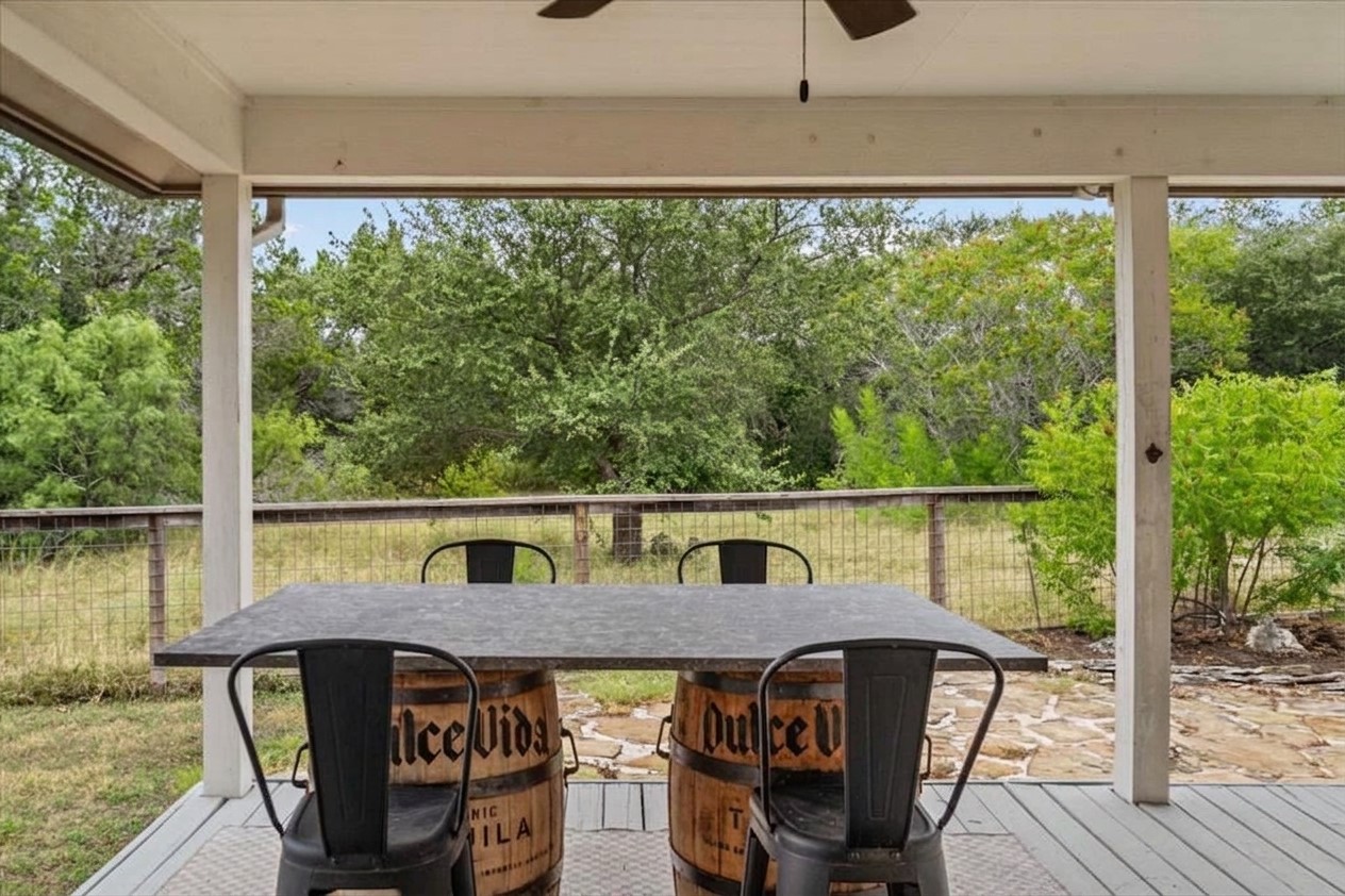 7451 Pusch Ridge Loop Austin, TX 78749 - Photo 23 of 26 An inviting covered patio looks out over a fenced yard with mature trees.