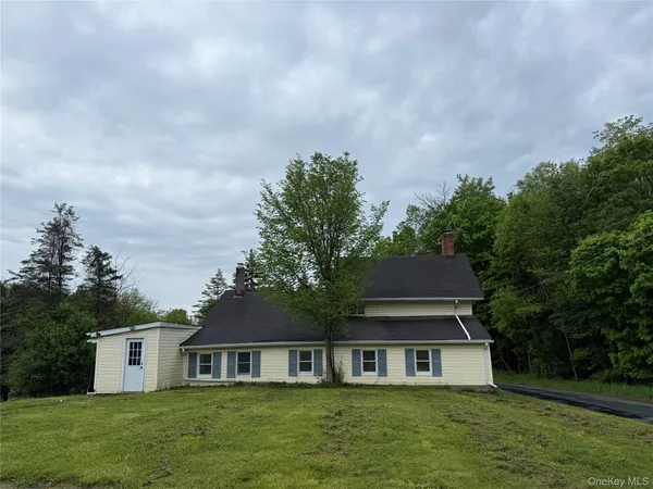a front view of house with yard and green space