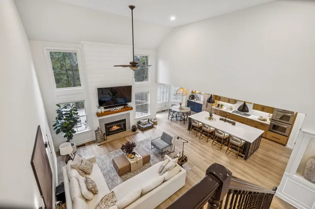 an aerial view of a house with swimming pool