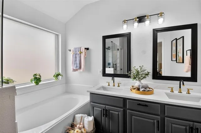 a bathroom with a tub sink and mirror