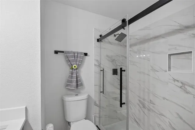a bathroom with a shower and toilet