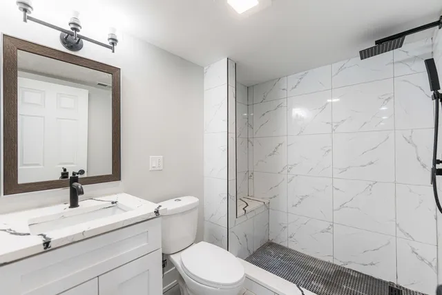 a bathroom with a sink a toilet and shower