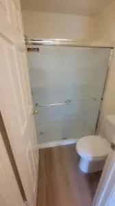 a bathroom with a shower and toilet