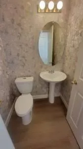 a bathroom with a toilet a sink and mirror