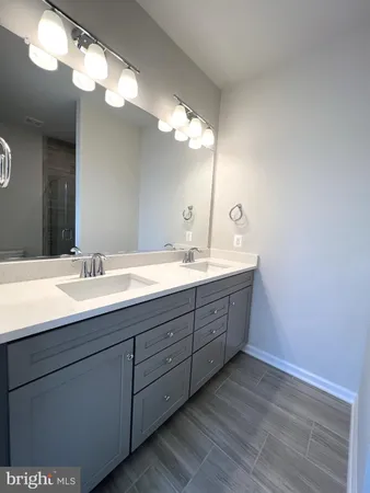 a bathroom with a double vanity sink and a mirror