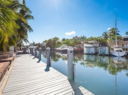 a lake view with boat and palm trees