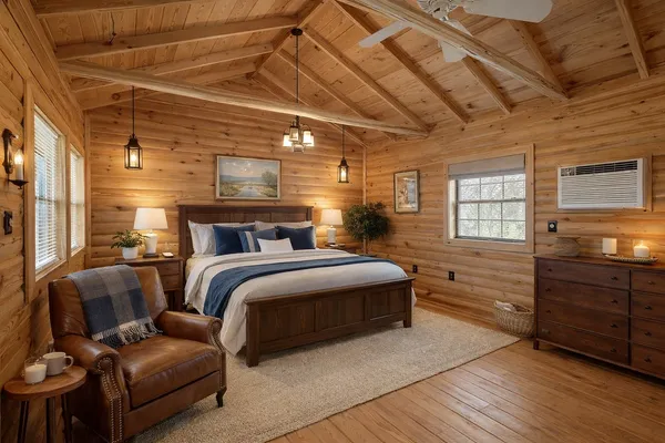 a spacious bedroom with a bed and a furniture