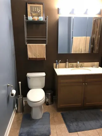 a bathroom with a sink toilet and mirror