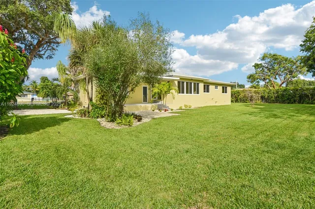 a view of a garden with plants and large trees