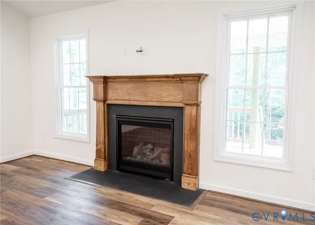 a living room with a fireplace
