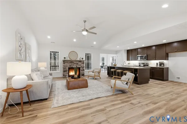 a living room with furniture and a table