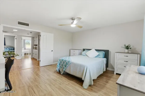 a view of a dining room with furniture