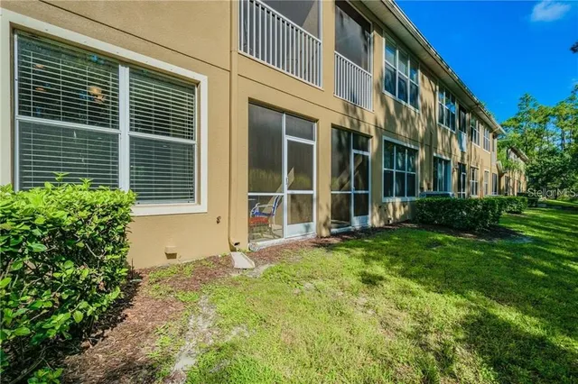 a view of a building with a large window