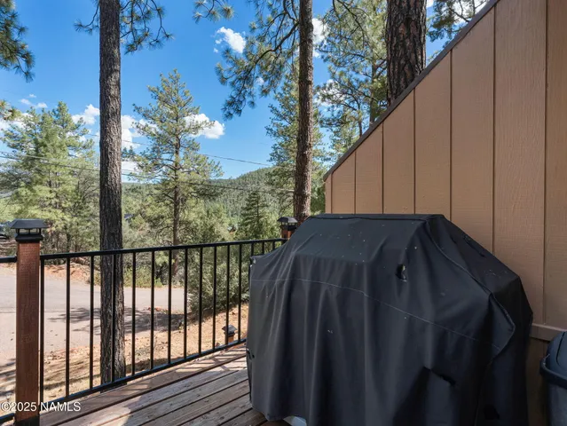 a view of a balcony with wooden floor