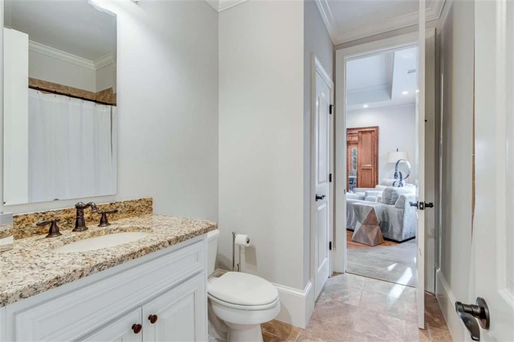 6226 Random Winds Bluff Gainesville, GA 30506 - Photo 60 of 76 a bathroom with a granite countertop sink a toilet and a shower