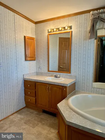 a bathroom with a tub sink and mirror
