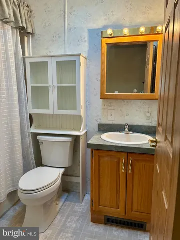 a bathroom with a toilet sink and mirror