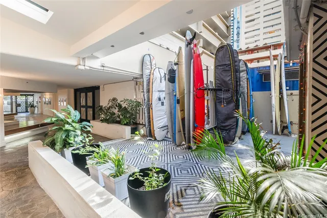 a front view of a house with lots of potted plants
