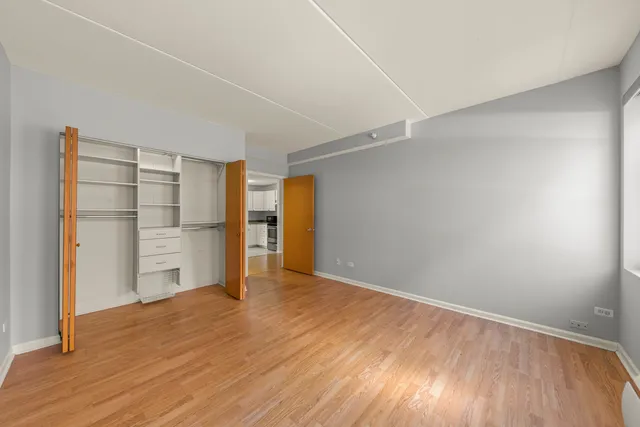 a view of a room with wooden floor and closet