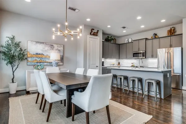 a kitchen with kitchen island a dining table chairs stainless steel appliances and cabinets