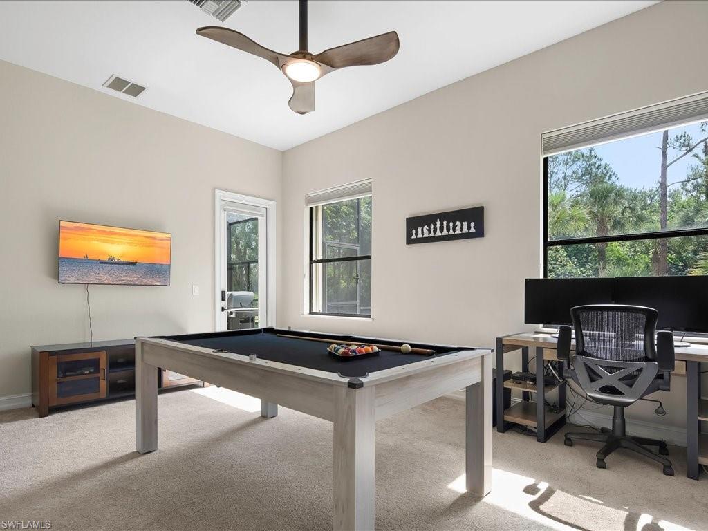 2360 19th Street Southwest Naples, FL 34117 - Photo 33 of 50 Recreation room featuring carpet flooring, billiards table, ceiling fan, a desk, and baseboards