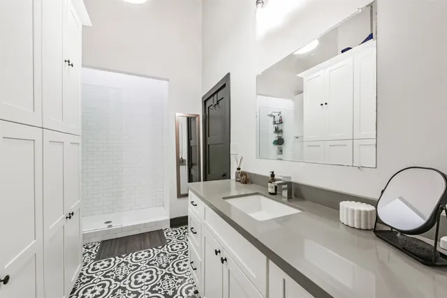 a view of a hallway with wooden walls and stairs