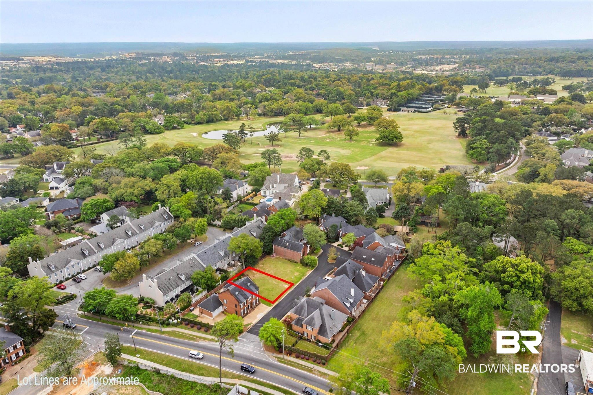 0 Fielding Place Mobile, AL 36608 - Photo 5 of 18 Aerial perspective of suburban area featuring property parcel outlined and a local golf course