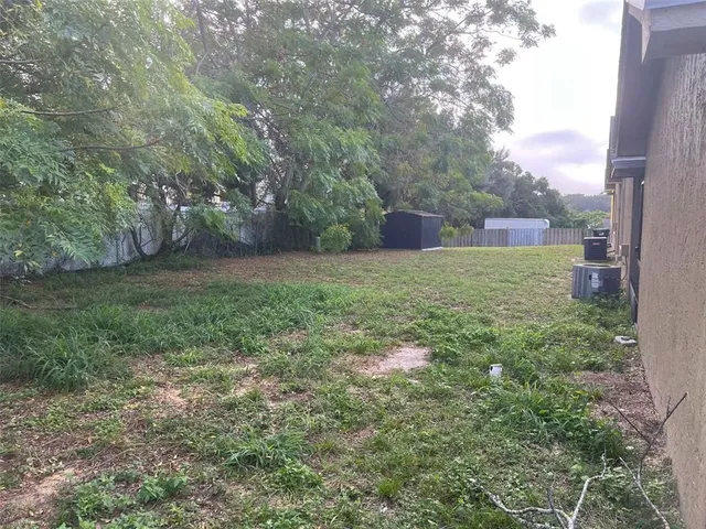 a view of a big yard with plants and large trees