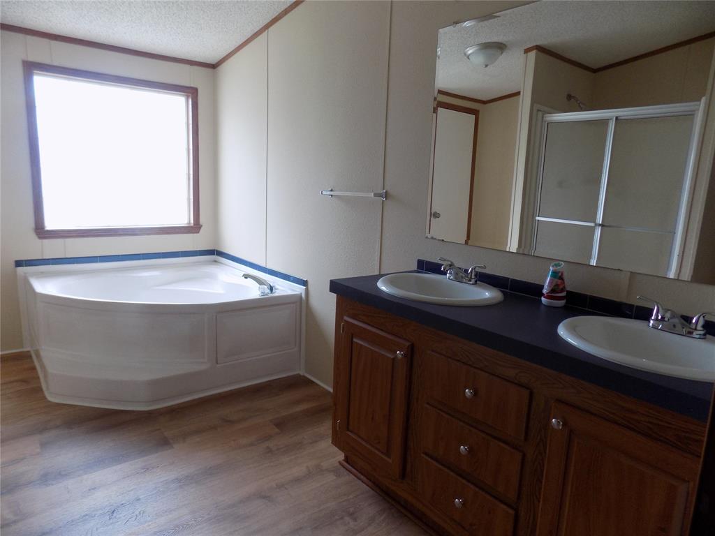 3450 Sarra Lane Springtown, TX 76082 - Photo 10 of 23 Another view of primary bathroom, with natural light, dual sinks and a lovely garden tub.
