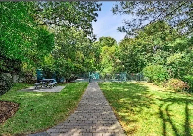 a view of a pathway with a park