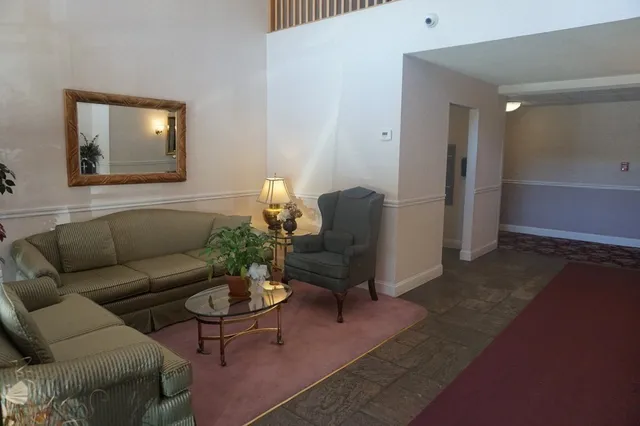 a living room with furniture and a potted plant