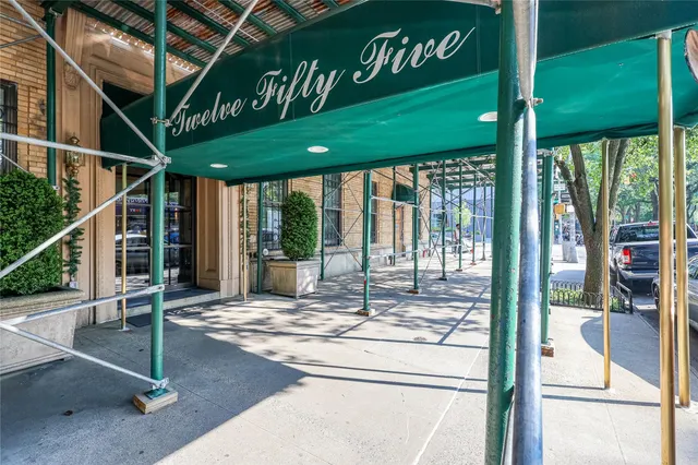 a view of a park with large trees