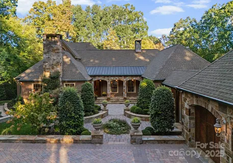 an aerial view of a house with a yard and a large tree
