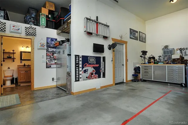 a view of a garage with storage