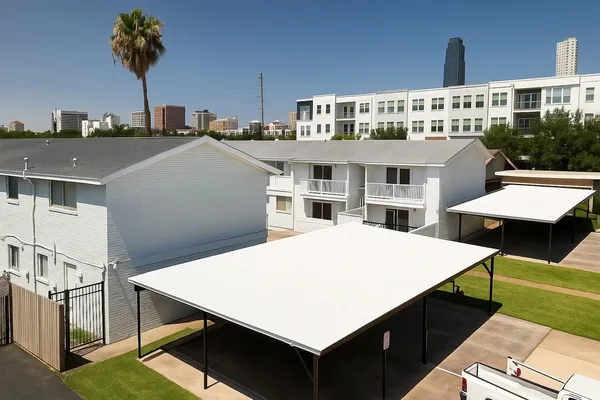 an aerial view of houses with outdoor space