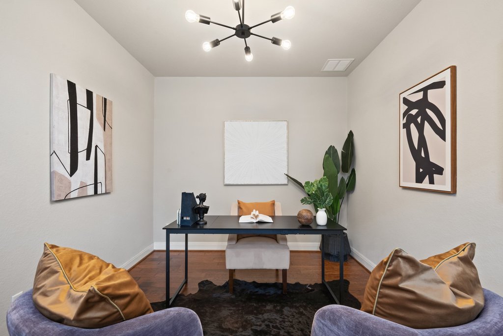 4229 Borho Ranch Street Leander, TX 78641 - Photo 17 of 40 Office area with wood finished floors and hanging lights